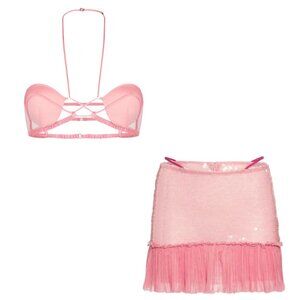 NENSI DOJAKA Pink Sequin Glitter Embellished Skirt and Halter Bra Set Size 0/XXS